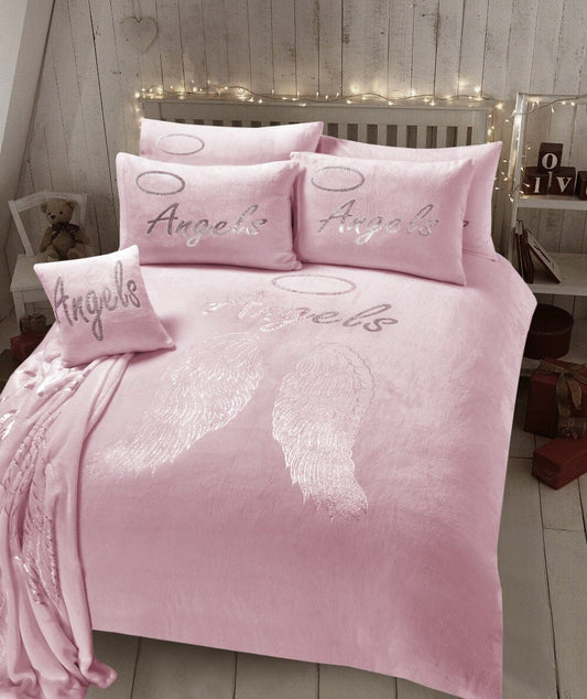 OLIVIA ROCCO Angel Wings Teddy Fleece Duvet Set Pink White Grey Super Soft Faux Fur Bedding For Cozy Bedrooms All Season Warmth