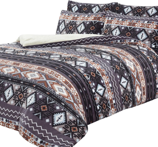 OLIVIA ROCCO Aztec Print Teddy Duvet Set With Reversible Sherpa Fleece Fur Luxurious Winter Comfort Single Double King Sizes