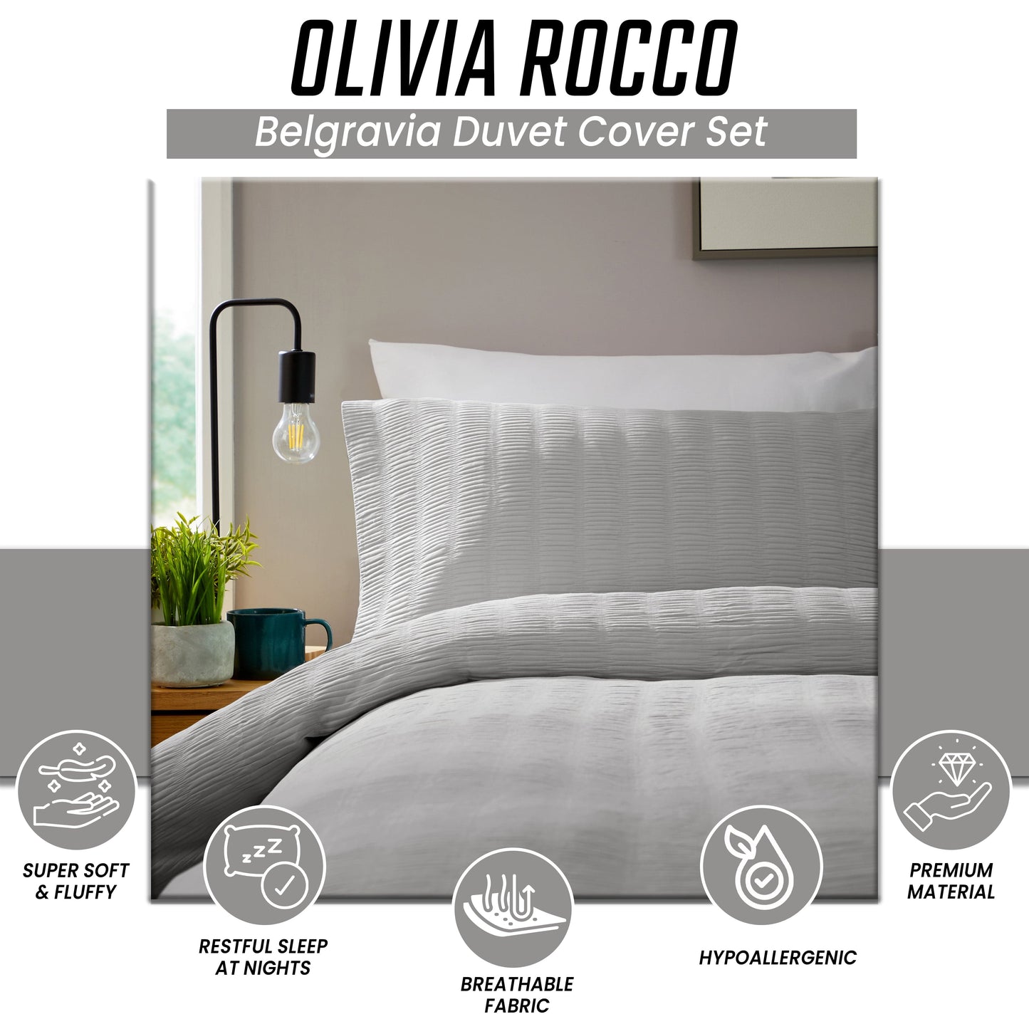 OLIVIA ROCCO Belgravia Grey Microfibre Duvet Cover Set With Pillowcases Soft Easy Care Machine Washable Bedding Modern Quilt Style