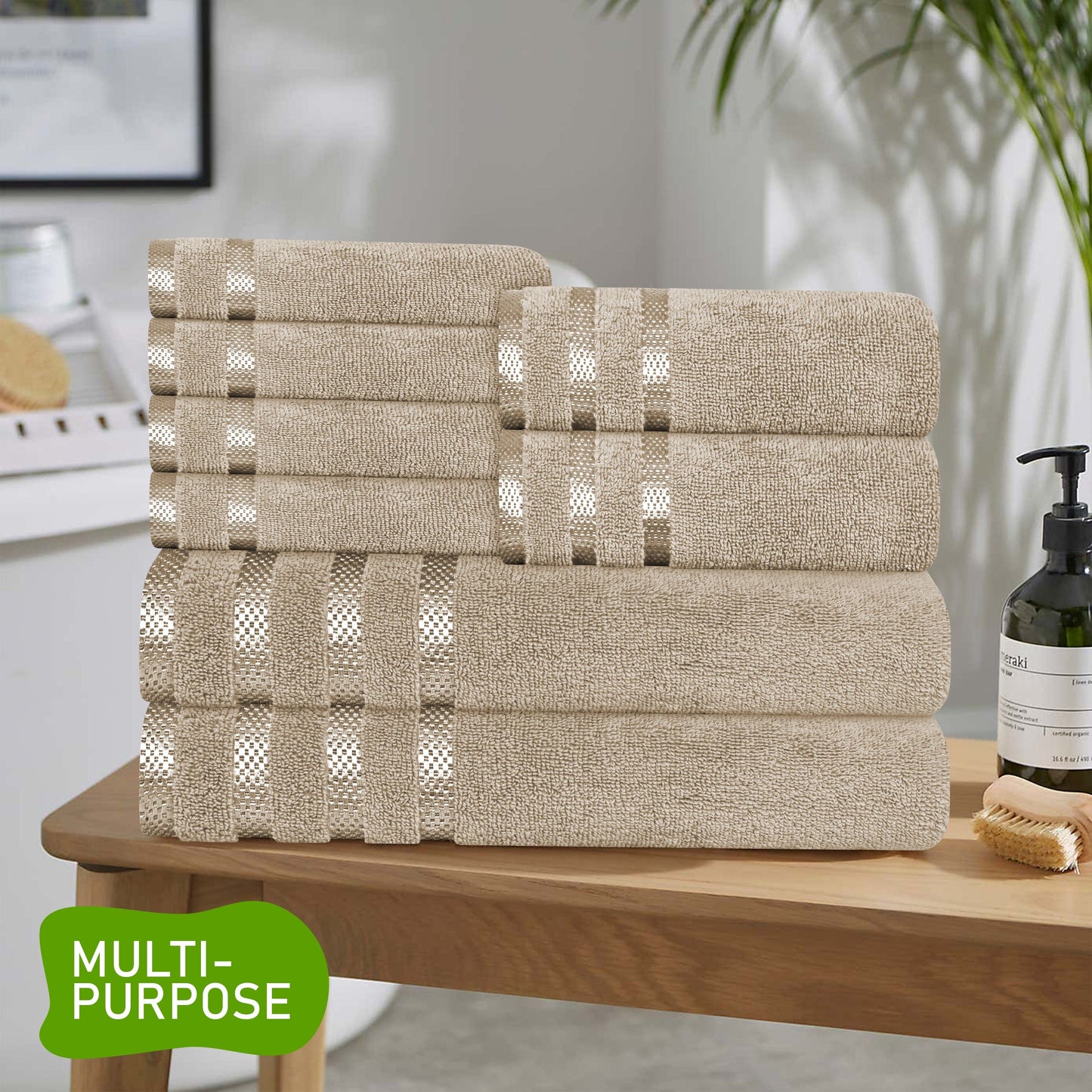 OLIVIA ROCCO Belmont Viscose Stripe Beige Towels 100 Percent Cotton Hotel Quality Super Absorbent 10 Piece Bale Set 4 Hand Towels And 12 Face Cloths