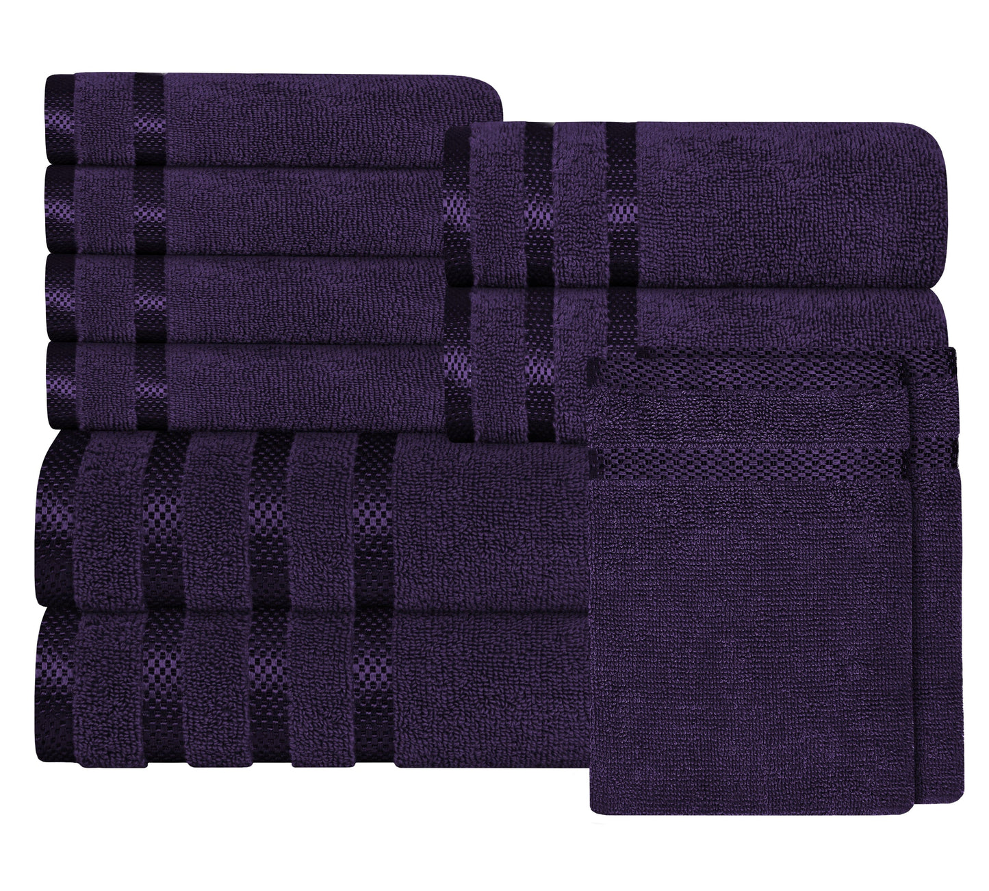 OLIVIA ROCCO Belmont Viscose Stripe Purple Towels 100 Percent Cotton Hotel Quality Super Absorbent 10 Piece Bale Set 4 Hand Towels 12 Face Cloths