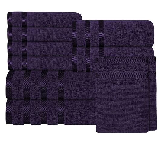 OLIVIA ROCCO Belmont Viscose Stripe Purple Towels 100 Percent Cotton Hotel Quality Super Absorbent 10 Piece Bale Set 4 Hand Towels 12 Face Cloths