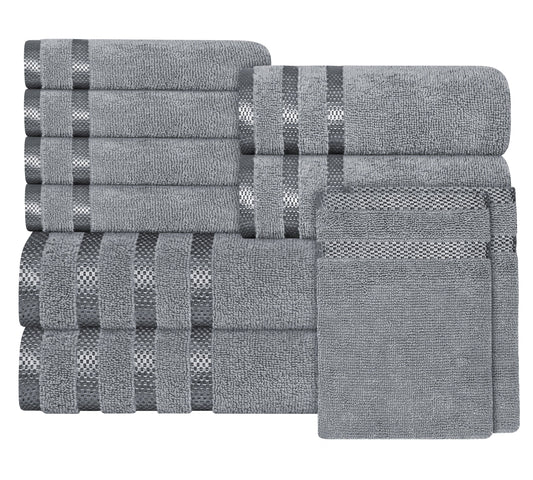 OLIVIA ROCCO Belmont Viscose Stripe Silver Towels 100 Percent Cotton Quality Super Absorbent 10 Piece Bale Set with 4 Hand Towels and 12 Face Cloths