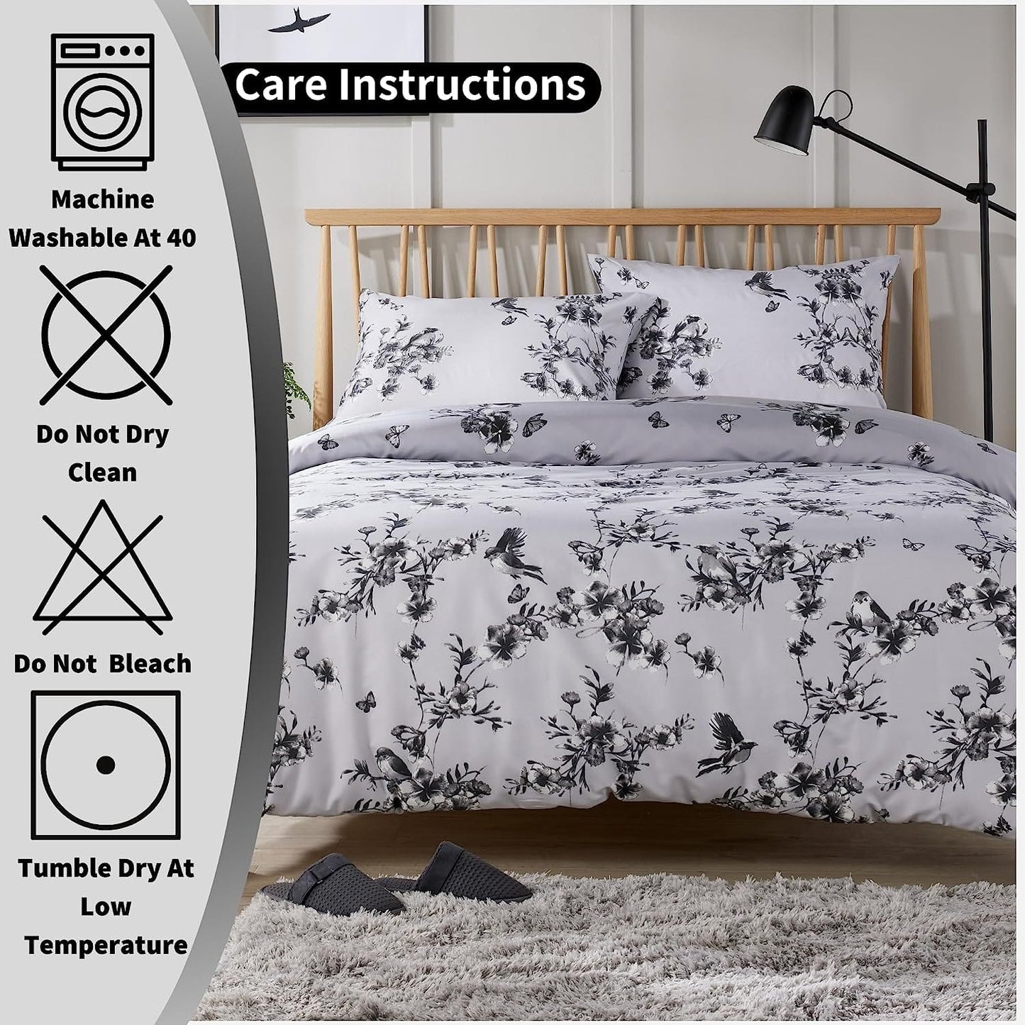 OLIVIA ROCCO Blossom Grey Printed Reversible Duvet Cover Set Quilted Polyester Blend with Button Closure Single Double King Size