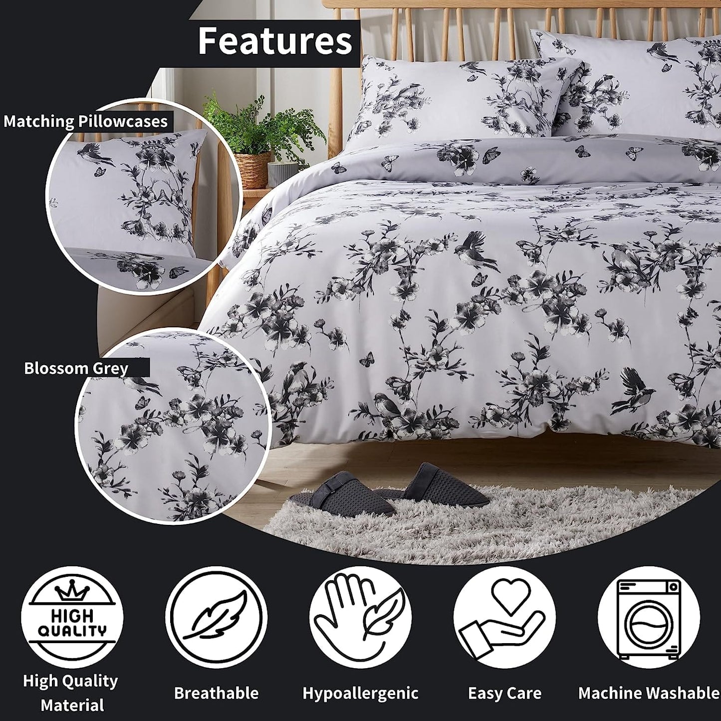 OLIVIA ROCCO Blossom Grey Printed Reversible Duvet Cover Set Quilted Polyester Blend with Button Closure Single Double King Size