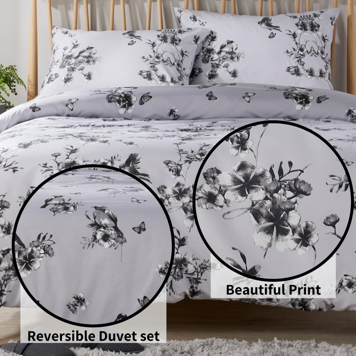 OLIVIA ROCCO Blossom Grey Printed Reversible Duvet Cover Set Quilted Polyester Blend with Button Closure Single Double King Size