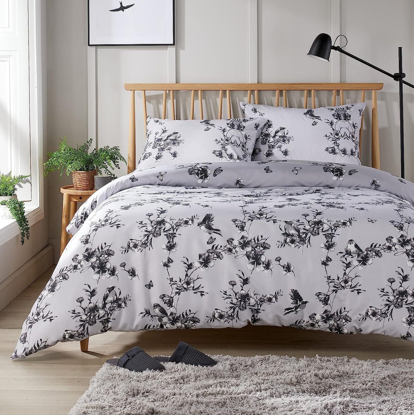 OLIVIA ROCCO Blossom Grey Printed Reversible Duvet Cover Set Quilted Polyester Blend with Button Closure Single Double King Size