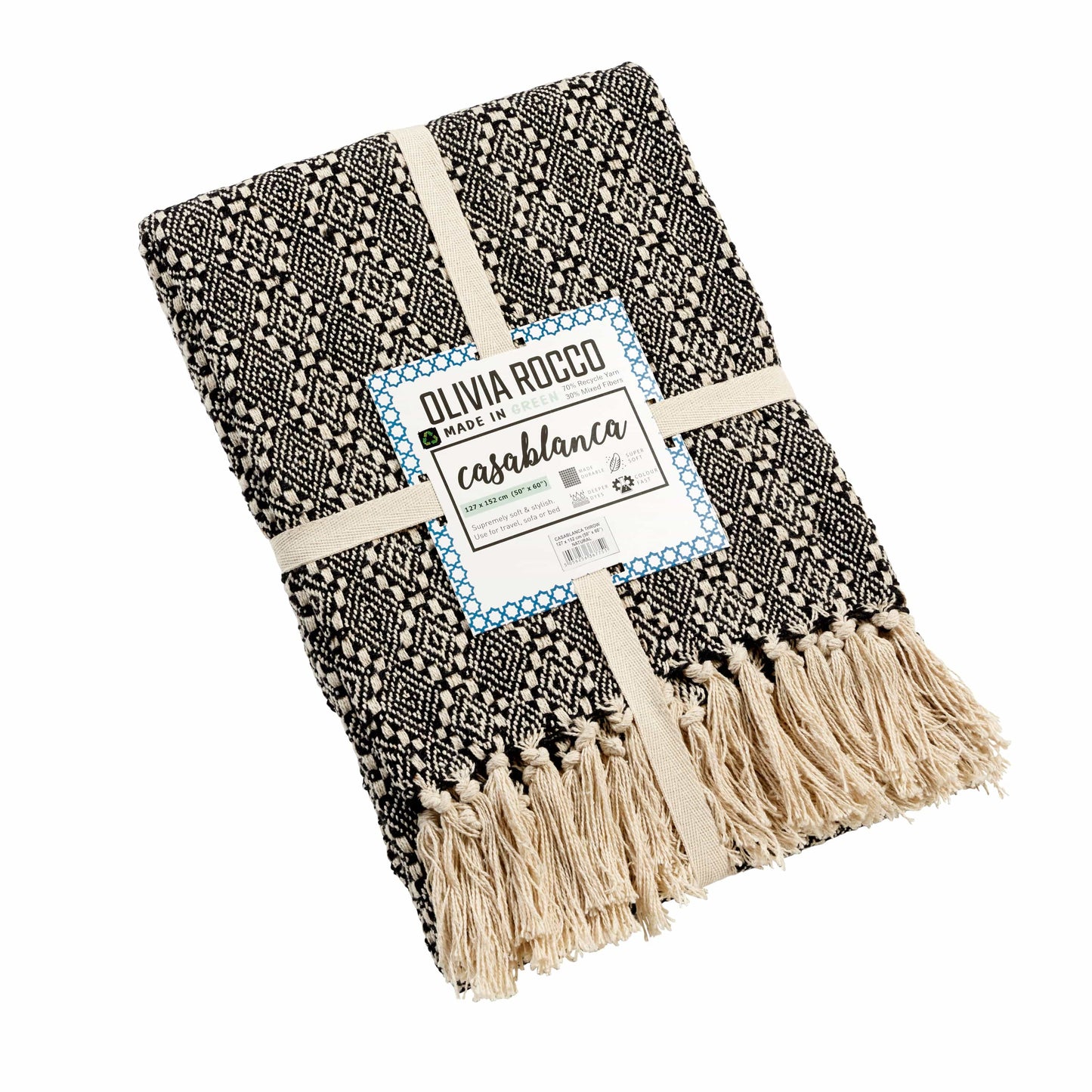 OLIVIA ROCCO Casablanca Check Design Recycled Cotton Throw Blanket With Tassels, Lightweight And Soft For Sofa Bed Or Chair