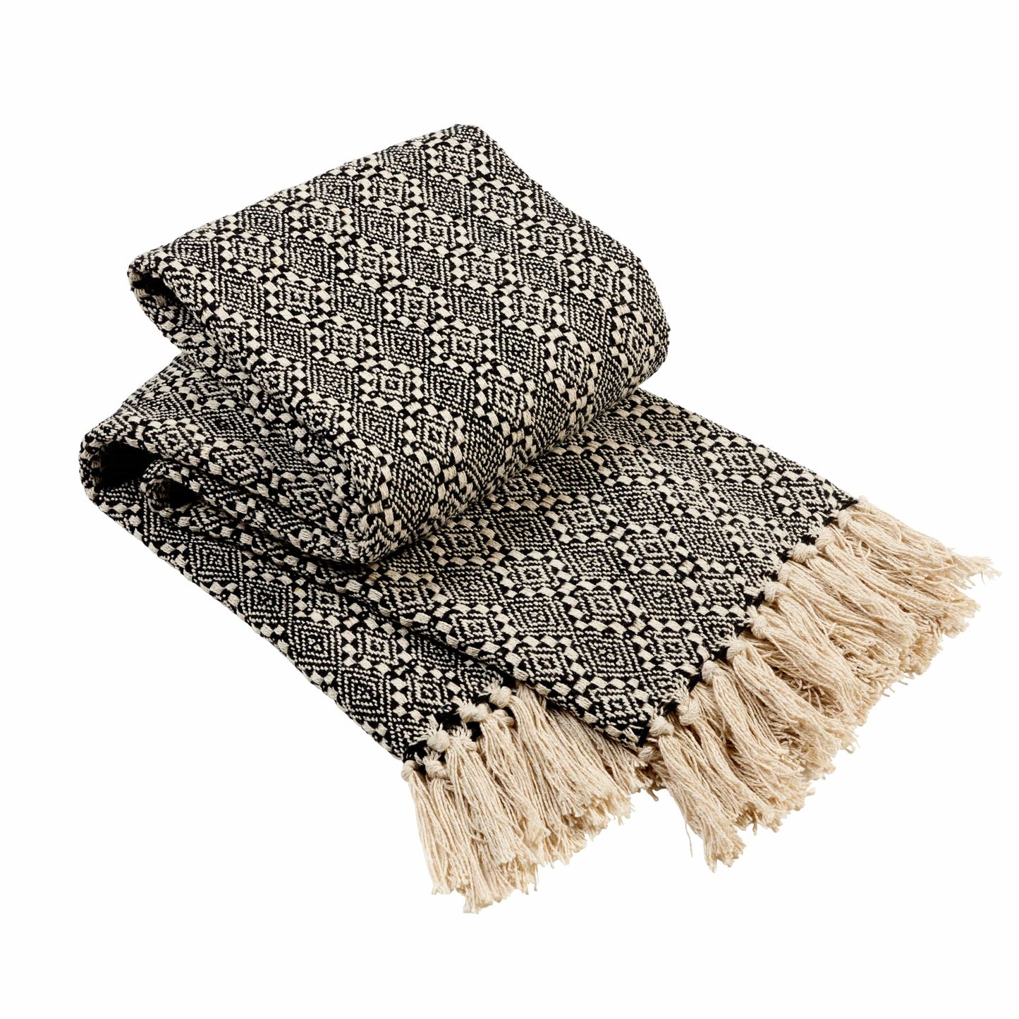 OLIVIA ROCCO Casablanca Check Design Recycled Cotton Throw Blanket With Tassels, Lightweight And Soft For Sofa Bed Or Chair