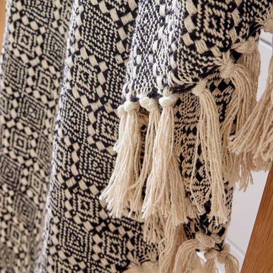 OLIVIA ROCCO Casablanca Check Design Recycled Cotton Throw Blanket With Tassels, Lightweight And Soft For Sofa Bed Or Chair