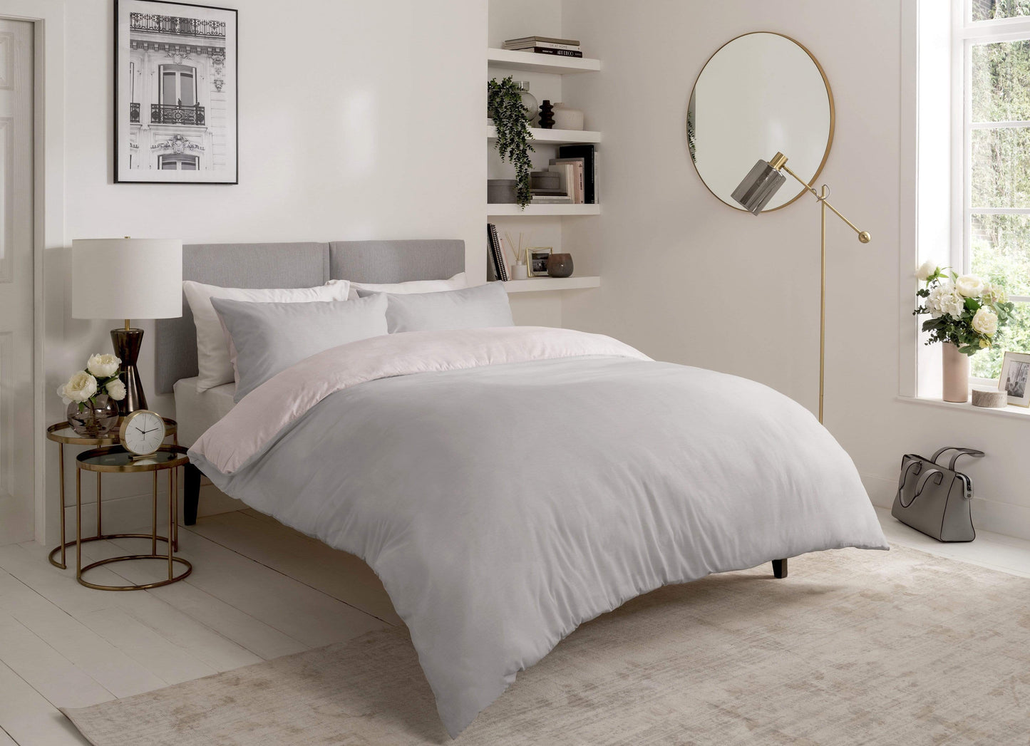 OLIVIA ROCCO Chambray Reversible Duvet Set Cotton Rich Bedding In Grey And Pink Sizes Include Single Double King Soft Cotton Rich Comfort