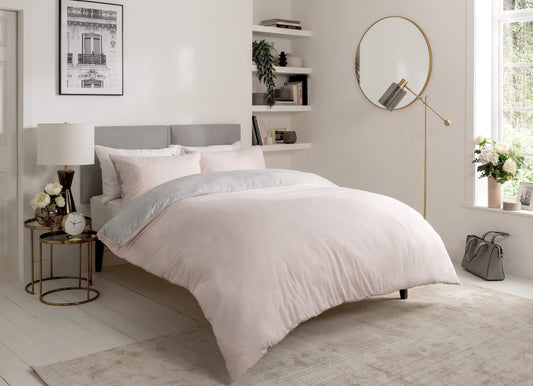 OLIVIA ROCCO Chambray Reversible Duvet Set Cotton Rich Bedding In Grey And Pink Sizes Include Single Double King Soft Cotton Rich Comfort