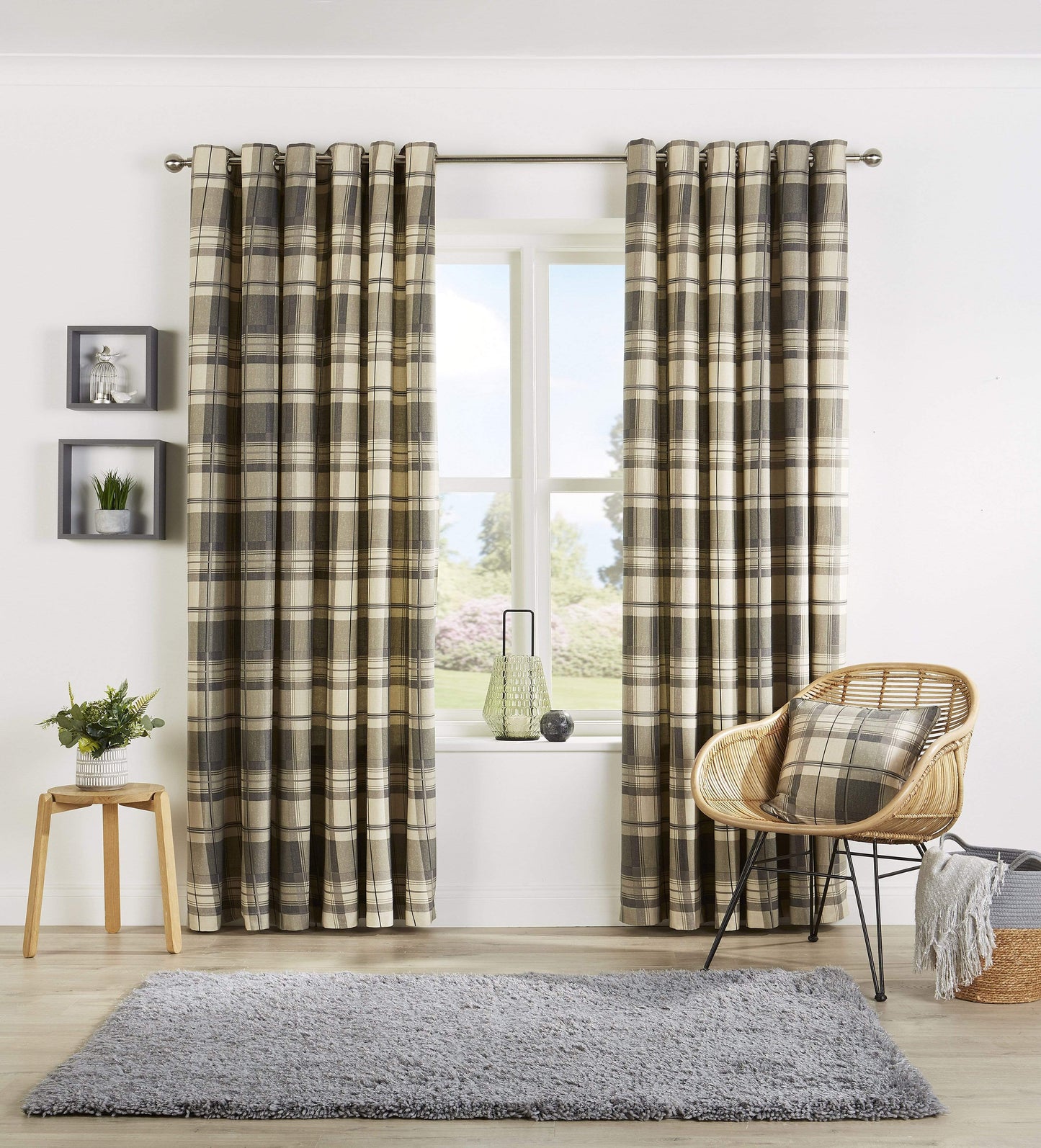 Check Pattern Curtains With Matching Cushion Covers