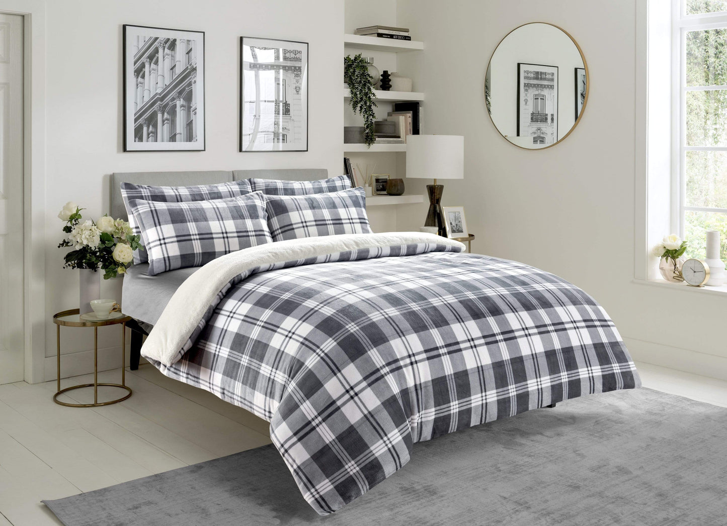 Duvet Set Checked Grey Teddy Fleece Reversible Luxurious Plush Faux Fur