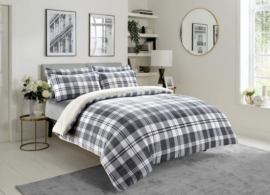 Duvet Set Checked Grey Teddy Fleece Reversible Luxurious Plush Faux Fur