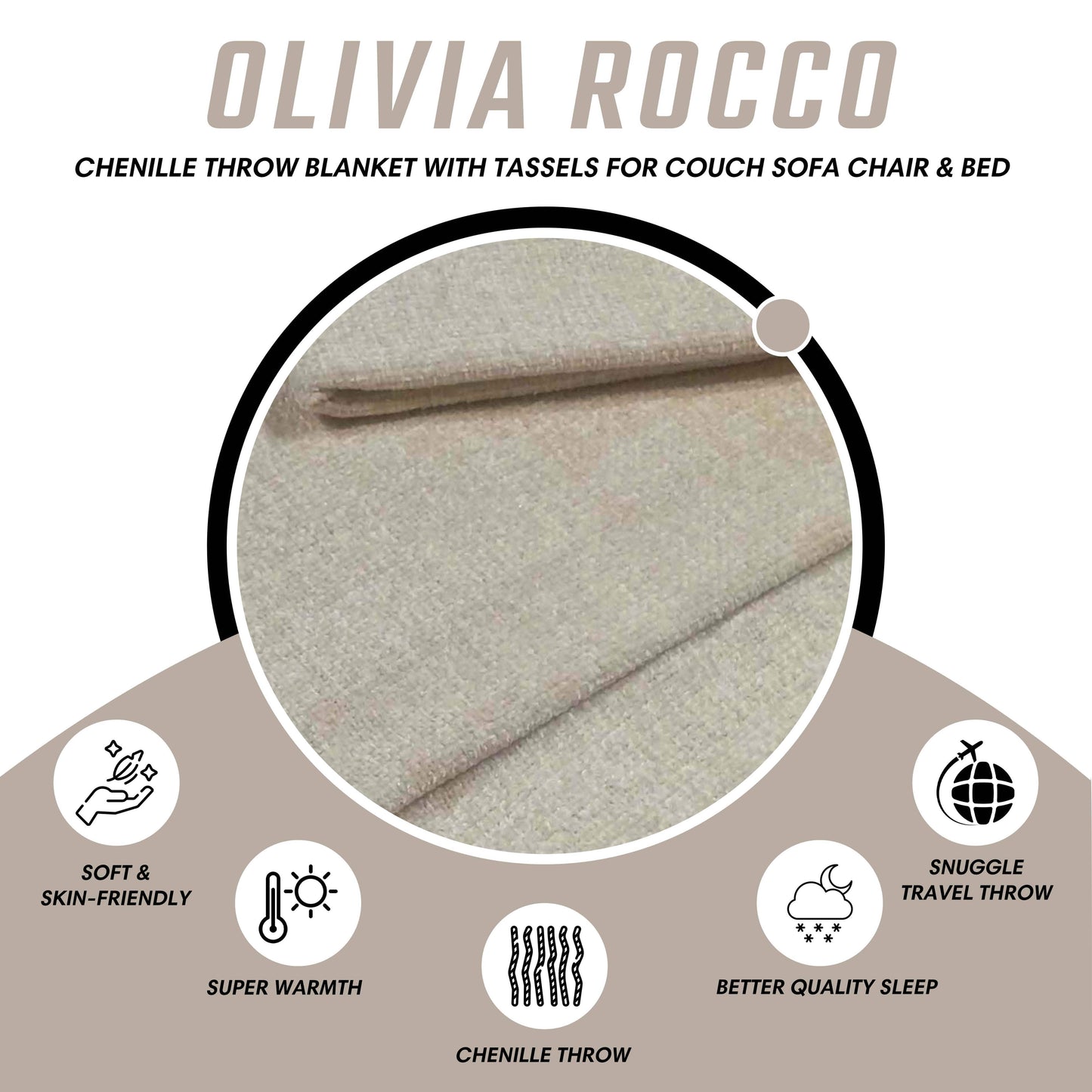 OLIVIA ROCCO Chenille Tassel Throw Blanket for Couch Sofa Chair Bed All-Season Soft Luxury Home Decor and Cozy Comfort Everyday