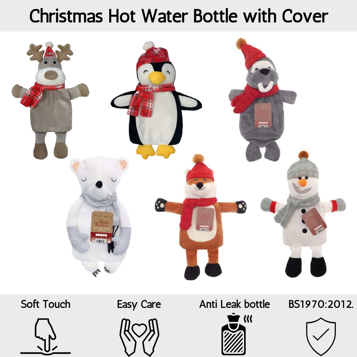 OLIVIA ROCCO Hot Water Bottle With Festive Reindeer Cover 1L Natural Rubber UK Safety Tested Ideal Gift For Adults And Kids