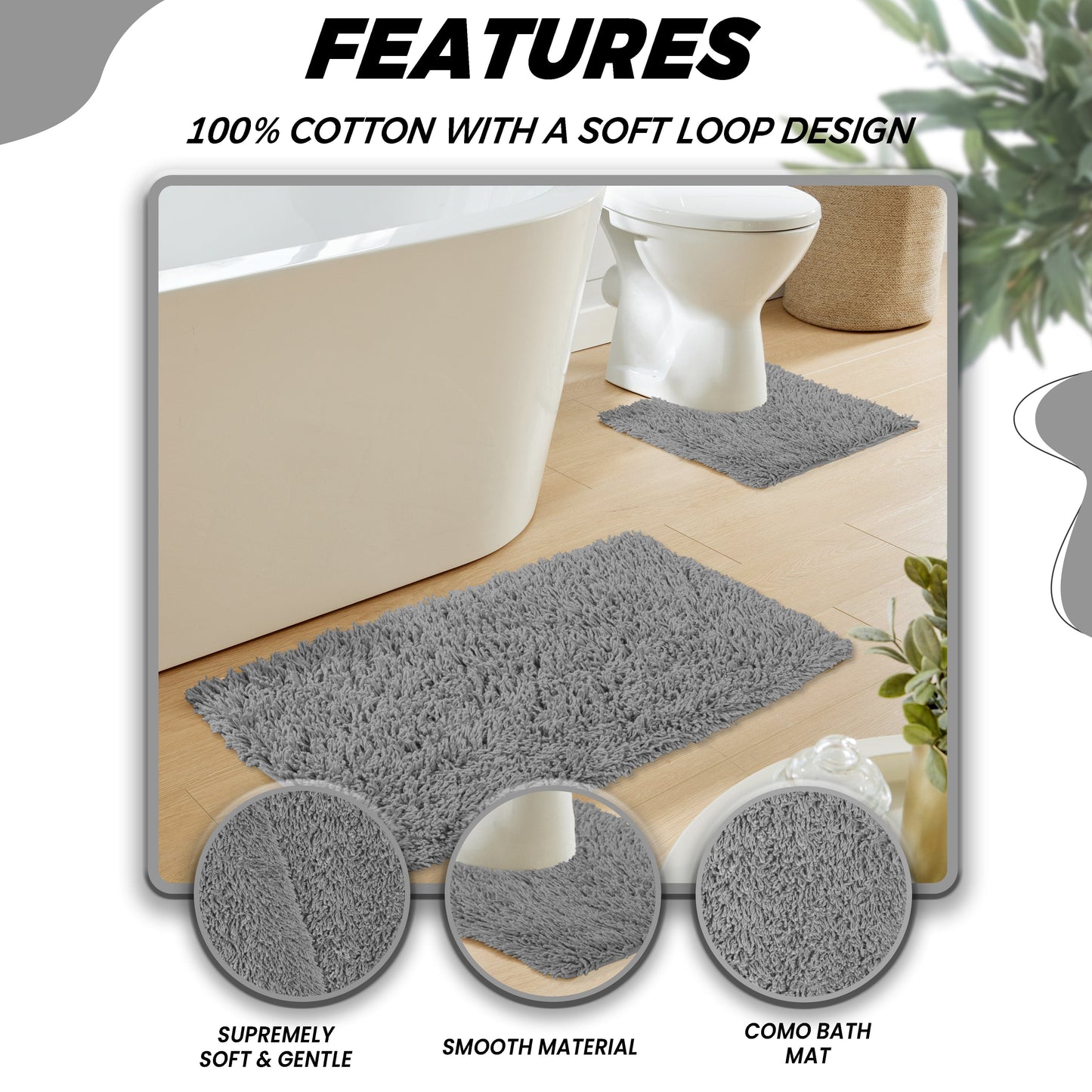 OLIVIA ROCCO Como 2 Piece Grey Bath Mat And Pedestal Set Non-Slip Super Absorbent Cotton Bathroom Mats Machine Washable