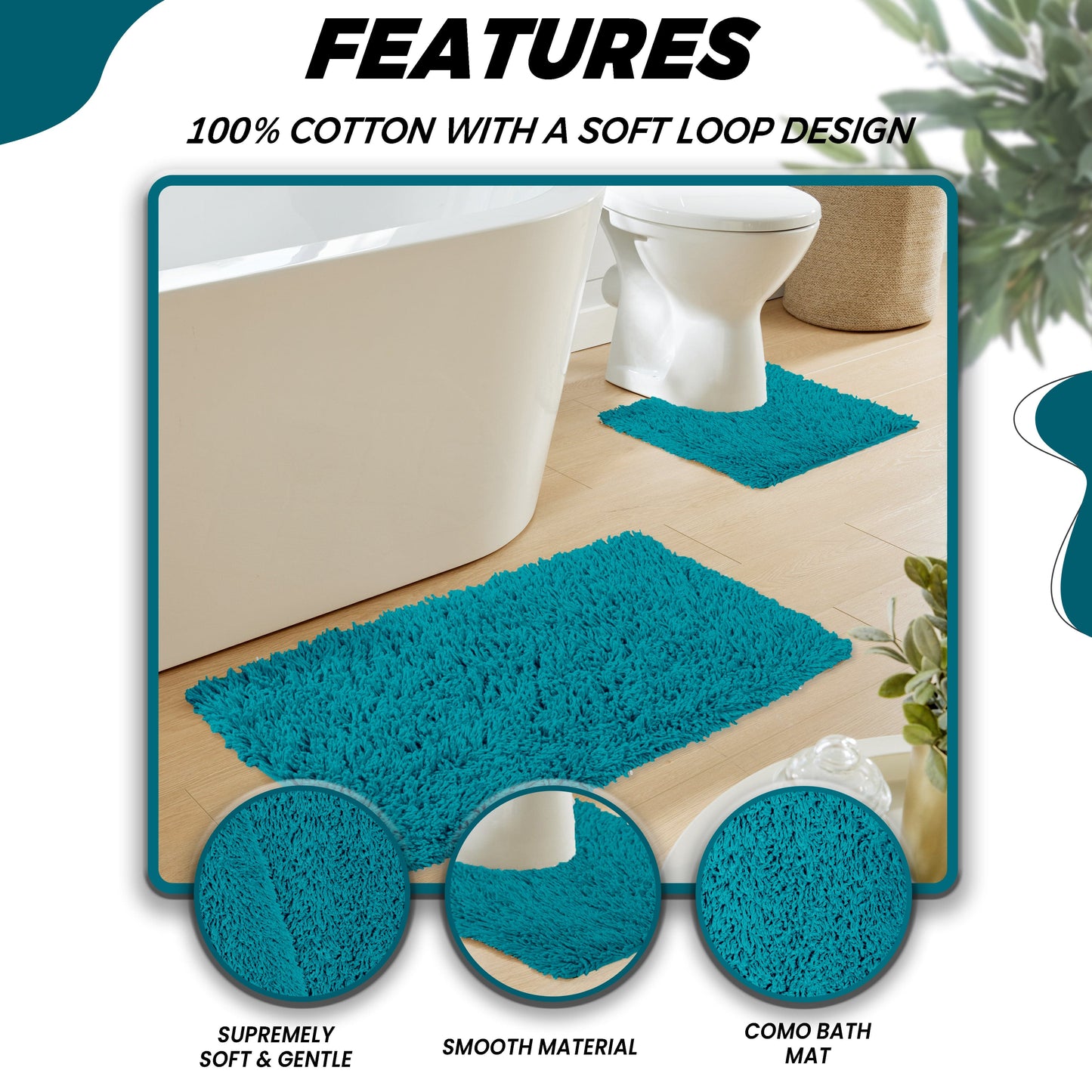 OLIVIA ROCCO Como 2 Piece Teal Bath Mat And Pedestal Set Non Slip Super Absorbent Cotton Bath Mat Set For Everyday Comfort