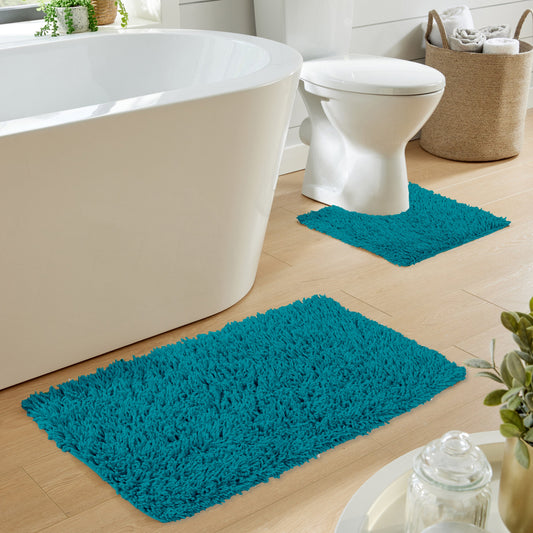 OLIVIA ROCCO Como 2 Piece Teal Bath Mat And Pedestal Set Non Slip Super Absorbent Cotton Bath Mat Set For Everyday Comfort