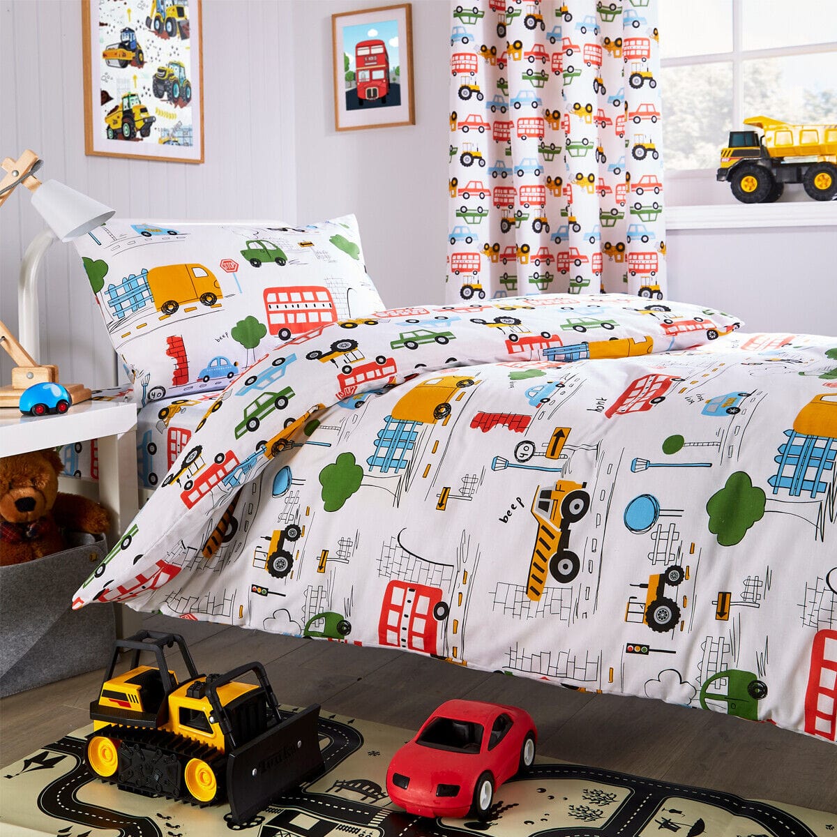 OLIVIA ROCCO Duvet Set Beep Beep Digger Trucks Theme Cotton Blend Matching Pillowcase Optional Curtains For Boys Bedrooms