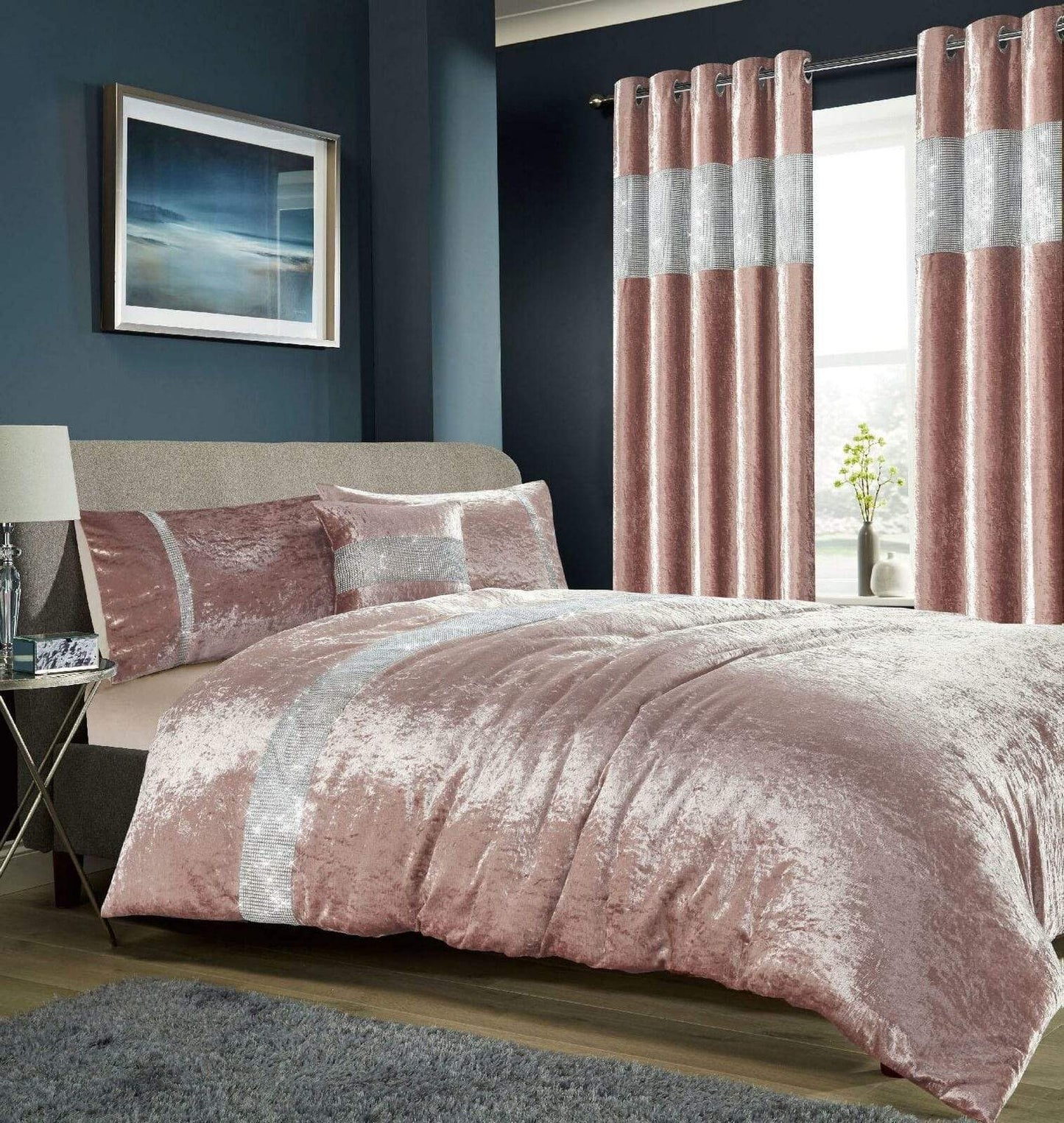 OLIVIA ROCCO Diamante Crushed Velvet Duvet Set Breathable OEKO-TEX Certified Bedding Double King Super King Silver Champagne Blush Pink