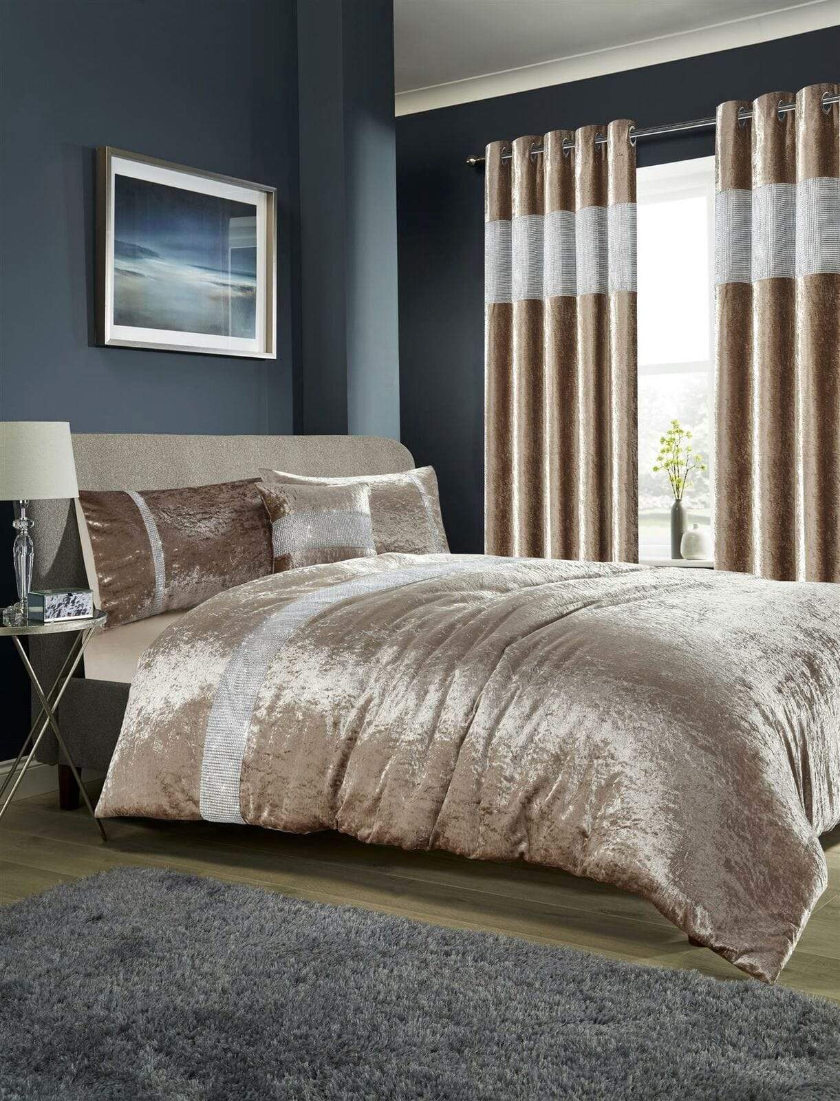 OLIVIA ROCCO Diamante Crushed Velvet Duvet Set Breathable OEKO-TEX Certified Bedding Double King Super King Silver Champagne Blush Pink