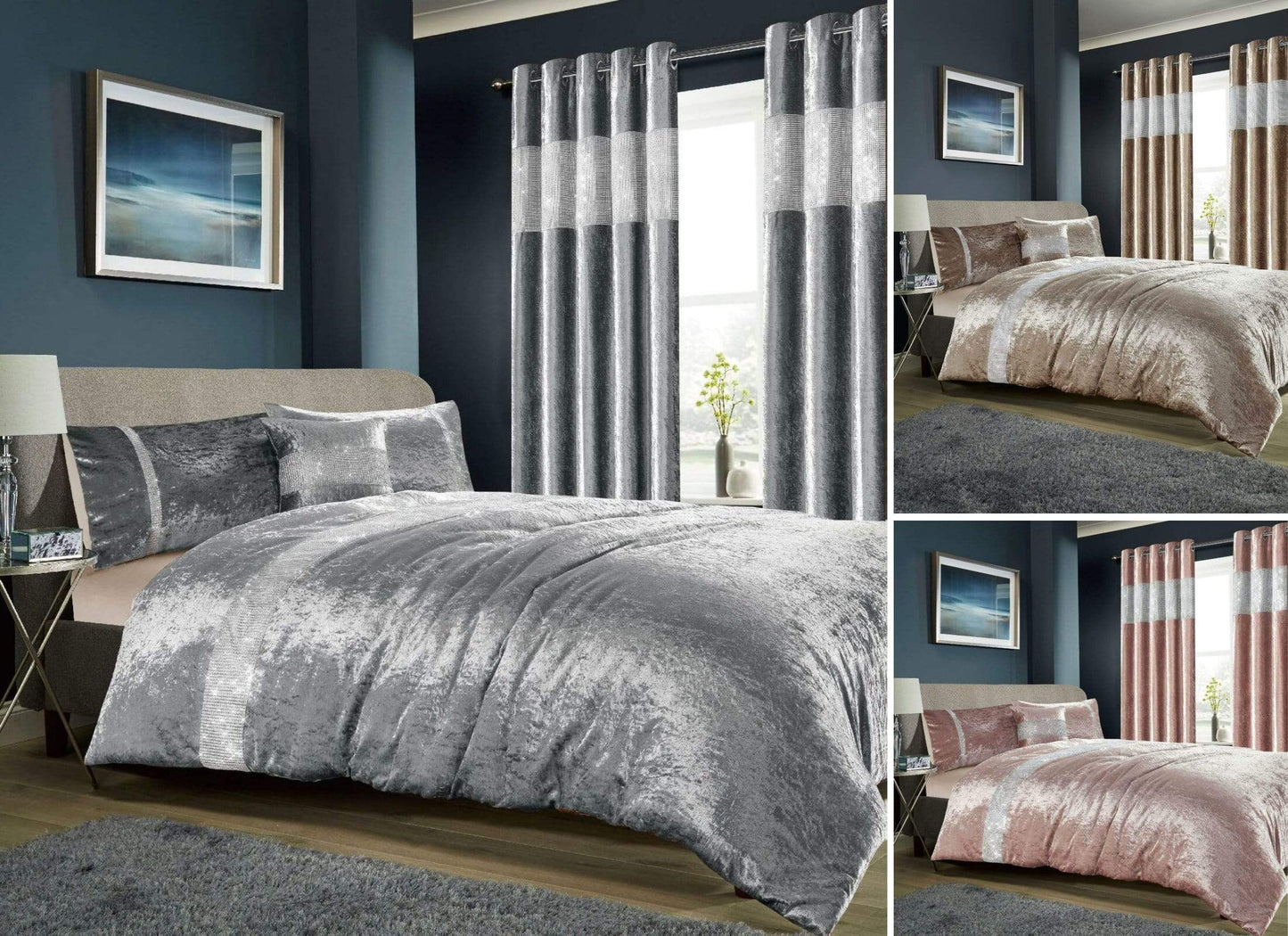 OLIVIA ROCCO Diamante Crushed Velvet Duvet Set Breathable OEKO-TEX Certified Bedding Double King Super King Silver Champagne Blush Pink
