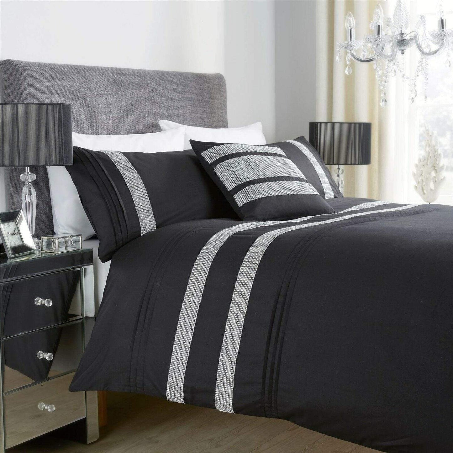 OLIVIA ROCCO Diamante Glitz Cotton Rich Duvet Set With Handwoven Crystal Detailing For Elegant Bedroom Decor In All Sizes Soft Plush Comfort
