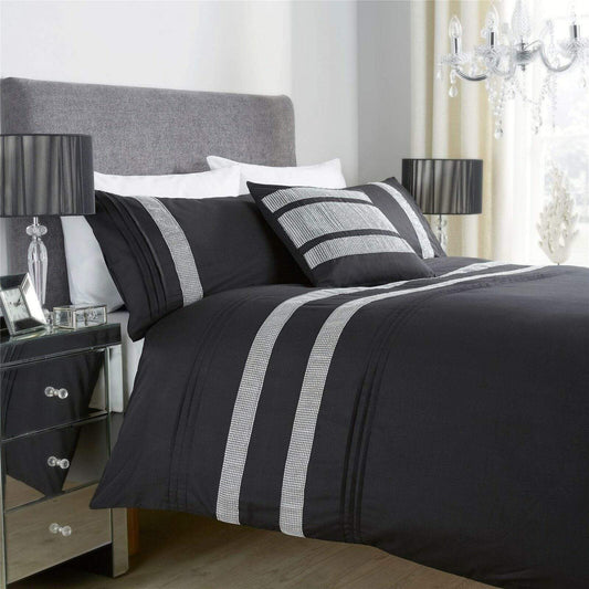 OLIVIA ROCCO Diamante Glitz Cotton Rich Duvet Set With Handwoven Crystal Detailing For Elegant Bedroom Decor In All Sizes Soft Plush Comfort
