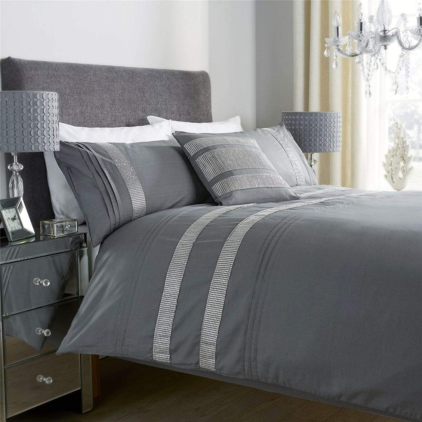 OLIVIA ROCCO Diamante Glitz Cotton Rich Duvet Set With Handwoven Crystal Detailing For Elegant Bedroom Decor In All Sizes Soft Plush Comfort