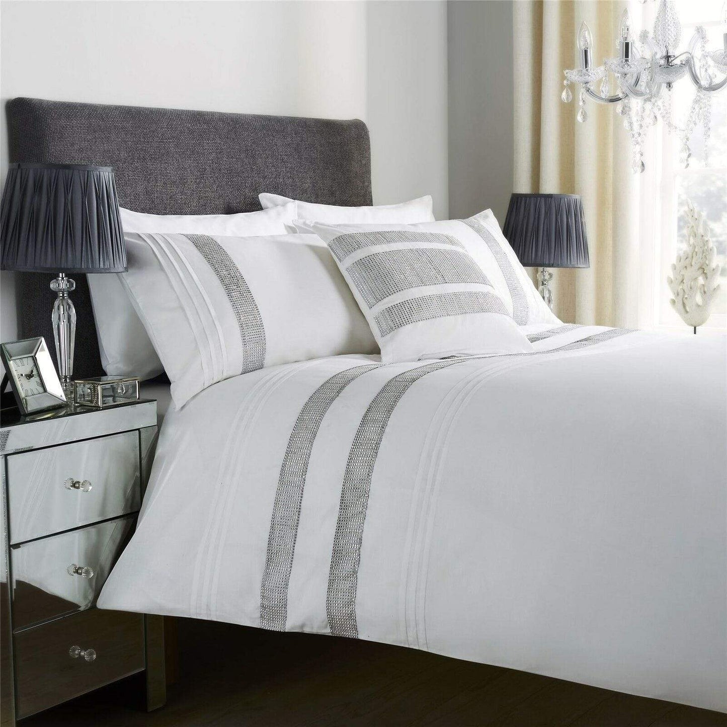 OLIVIA ROCCO Diamante Glitz Cotton Rich Duvet Set With Handwoven Crystal Detailing For Elegant Bedroom Decor In All Sizes Soft Plush Comfort