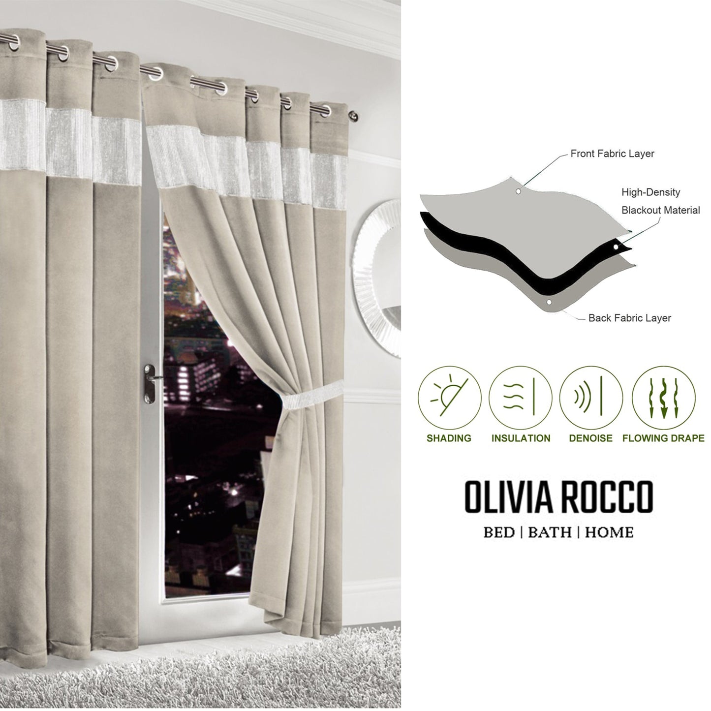 OLIVIA ROCCO Diamante Natural Blackout Eyelet Curtains With Tie Backs Thermal Ring Top Window Dressings For Living Room And Bedroom