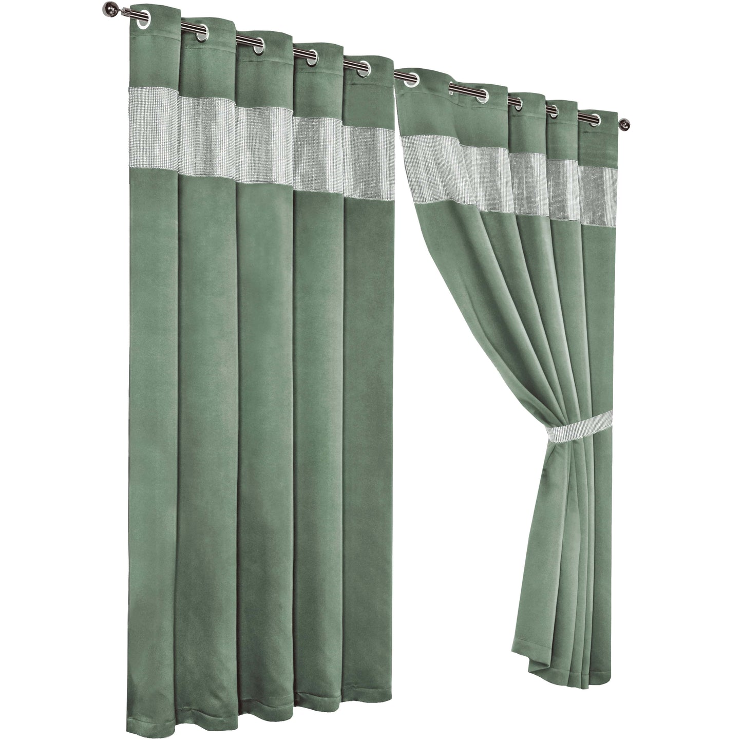 OLIVIA ROCCO Diamante Sage Green Blackout Eyelet Curtains With Tie Backs Thermal Ring Top Window Dressings For Living Room