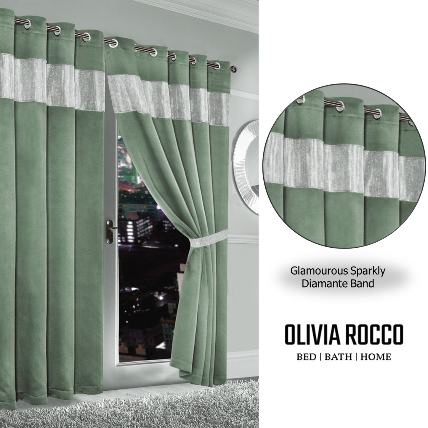 OLIVIA ROCCO Diamante Sage Green Blackout Eyelet Curtains With Tie Backs Thermal Ring Top Window Dressings For Living Room
