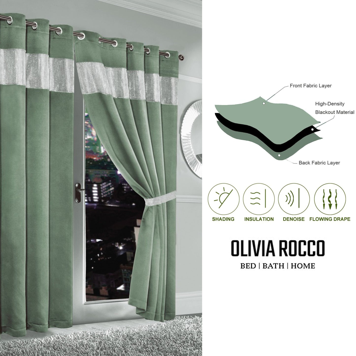 OLIVIA ROCCO Diamante Sage Green Blackout Eyelet Curtains With Tie Backs Thermal Ring Top Window Dressings For Living Room