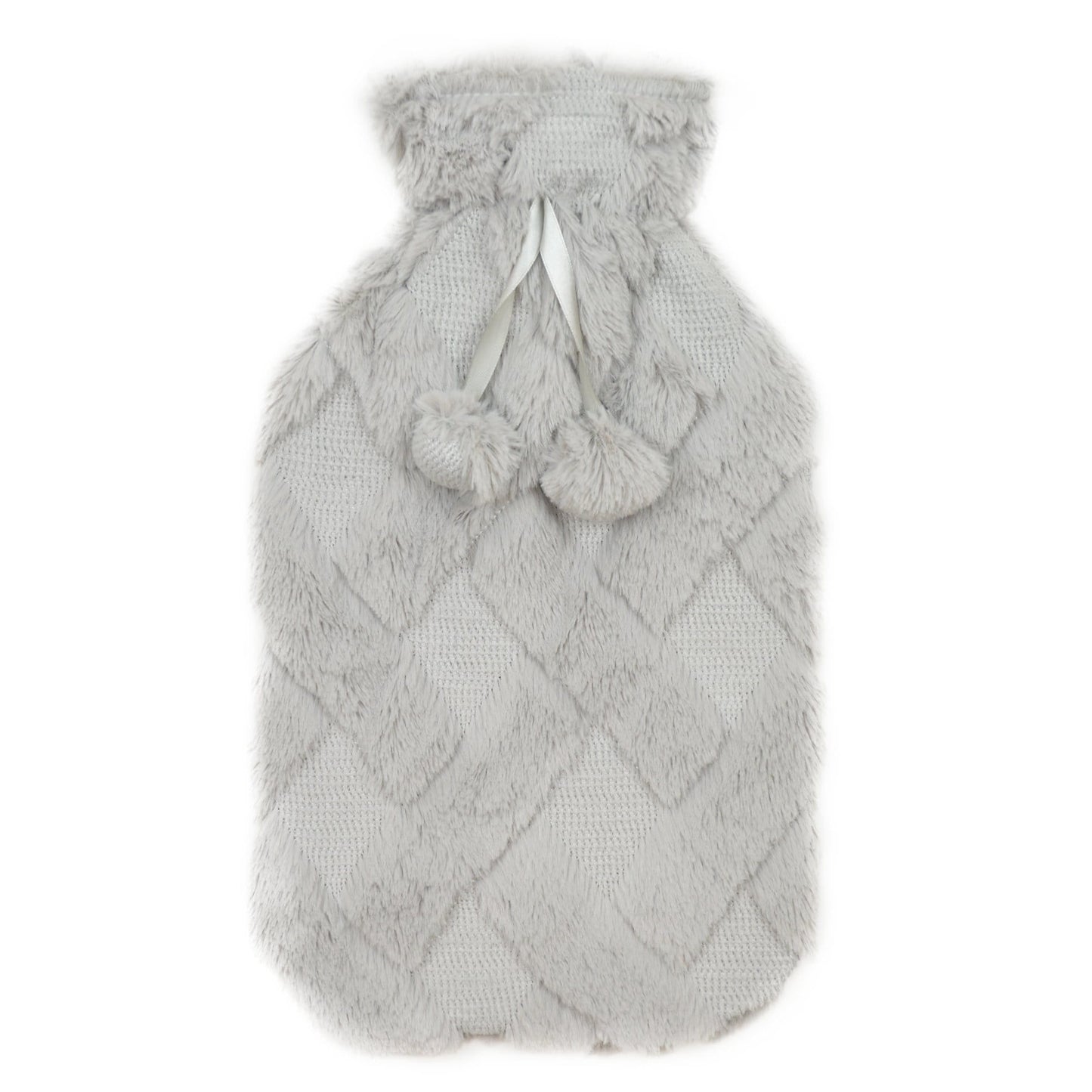 OLIVIA ROCCO Diamond Fleece Plush Hot Water Bottle 2L With Pom Poms, Natural Rubber, UK Safe Tested, Cozy Warmth For Winter Nights