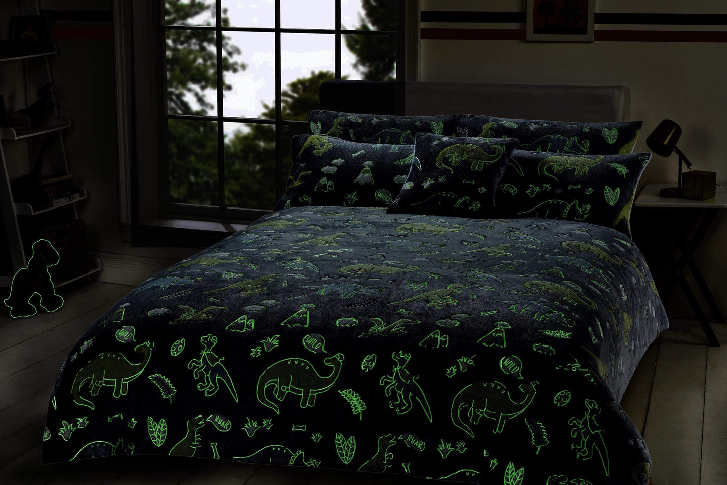 OLIVIA ROCCO Dinosaur Glow In The Dark Teddy Fleece Duvet Set With Bed Throw And Cushion For Kids Single And Double Sizes