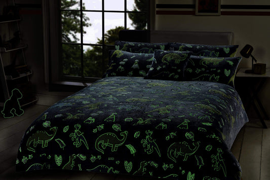 OLIVIA ROCCO Dinosaur Glow In The Dark Teddy Fleece Duvet Set With Bed Throw And Cushion For Kids Single And Double Sizes