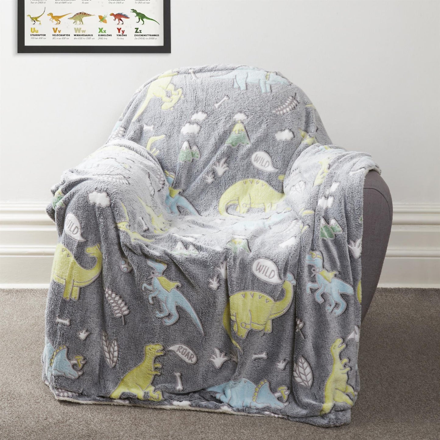 OLIVIA ROCCO Dinosaur Glow In The Dark Teddy Fleece Duvet Set With Bed Throw And Cushion For Kids Single And Double Sizes