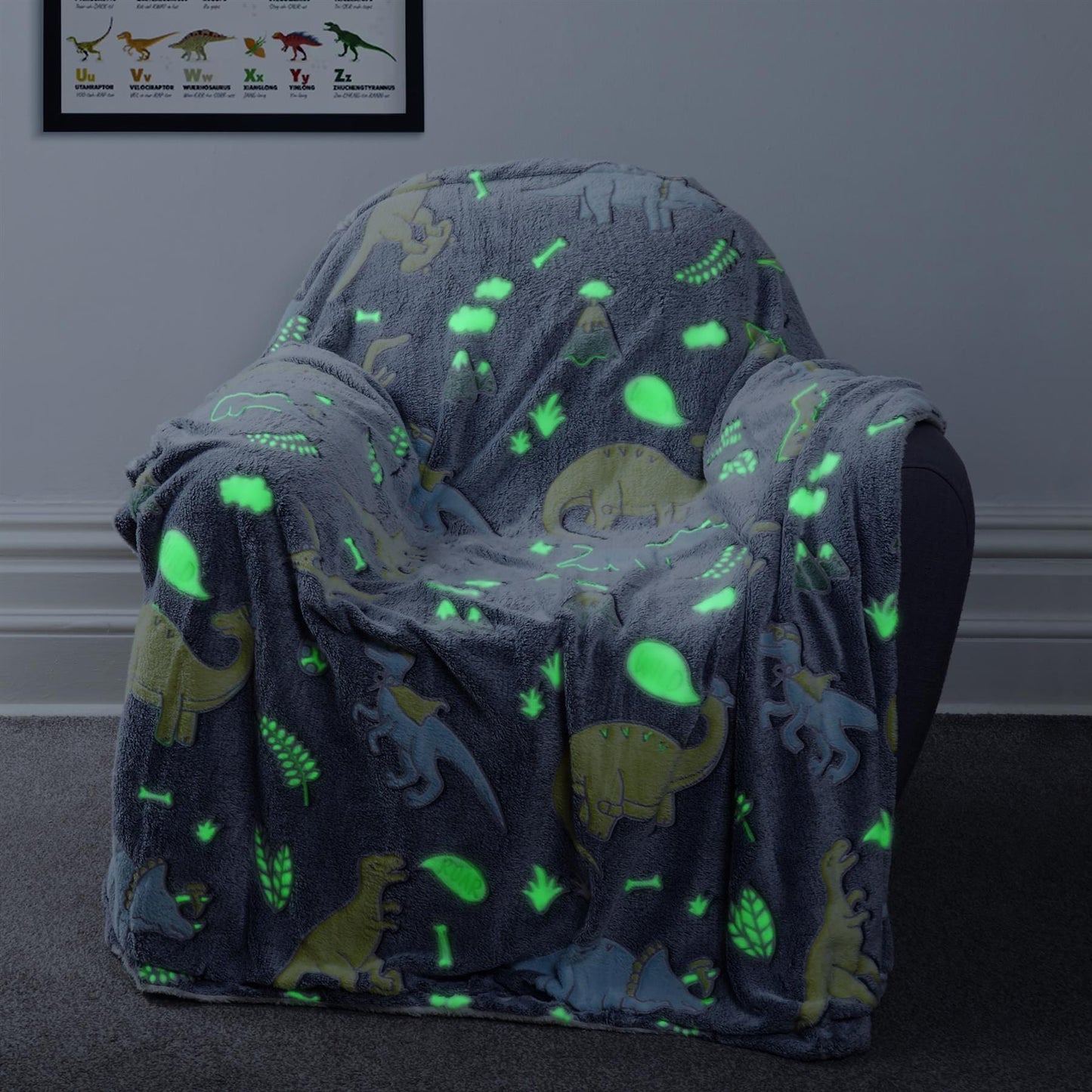 OLIVIA ROCCO Dinosaur Glow In The Dark Teddy Fleece Duvet Set With Bed Throw And Cushion For Kids Single And Double Sizes