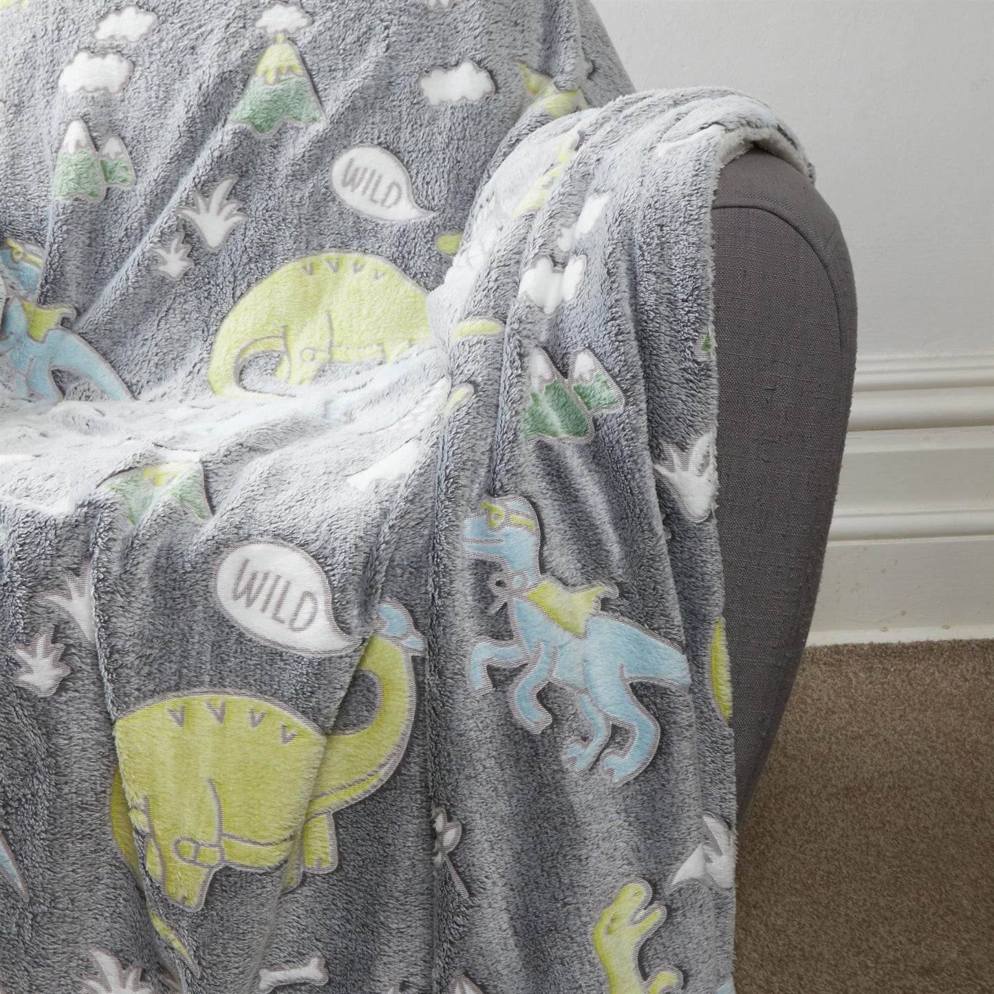 OLIVIA ROCCO Dinosaur Glow In The Dark Teddy Fleece Duvet Set With Bed Throw And Cushion For Kids Single And Double Sizes