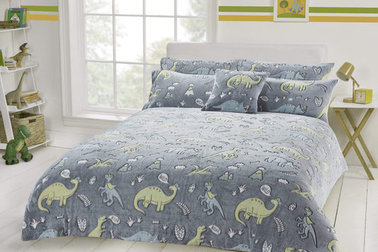 OLIVIA ROCCO Dinosaur Glow In The Dark Teddy Fleece Duvet Set With Bed Throw And Cushion For Kids Single And Double Sizes