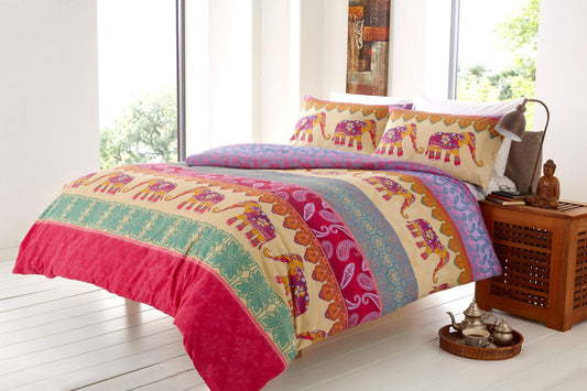 Elly Duvet Set Cotton Rich Indian Elephant Design In Bold Colours