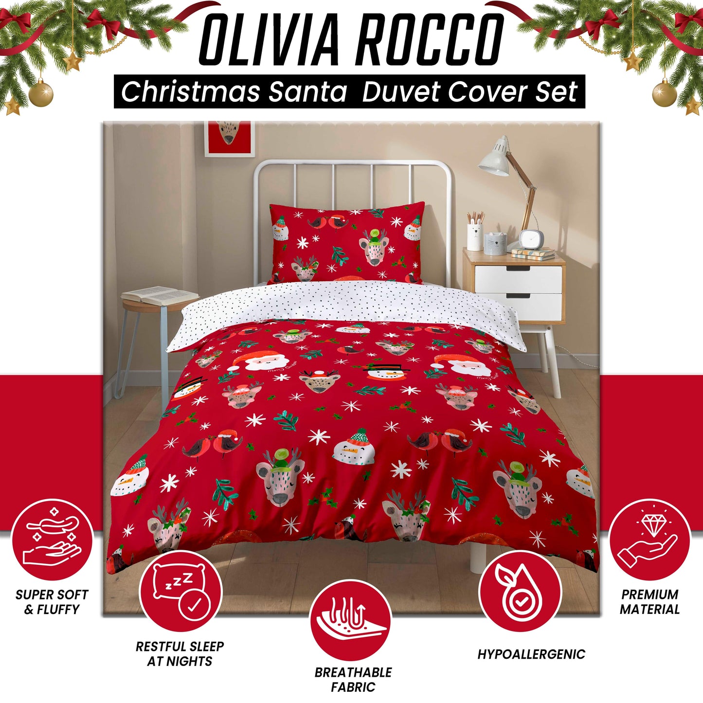 OLIVIA ROCCO Santa Duvet Cover Set With Pillowcases Reversible Xmas Snow-White Design OEKO-TEX Certified Cozy Winter Bedding
