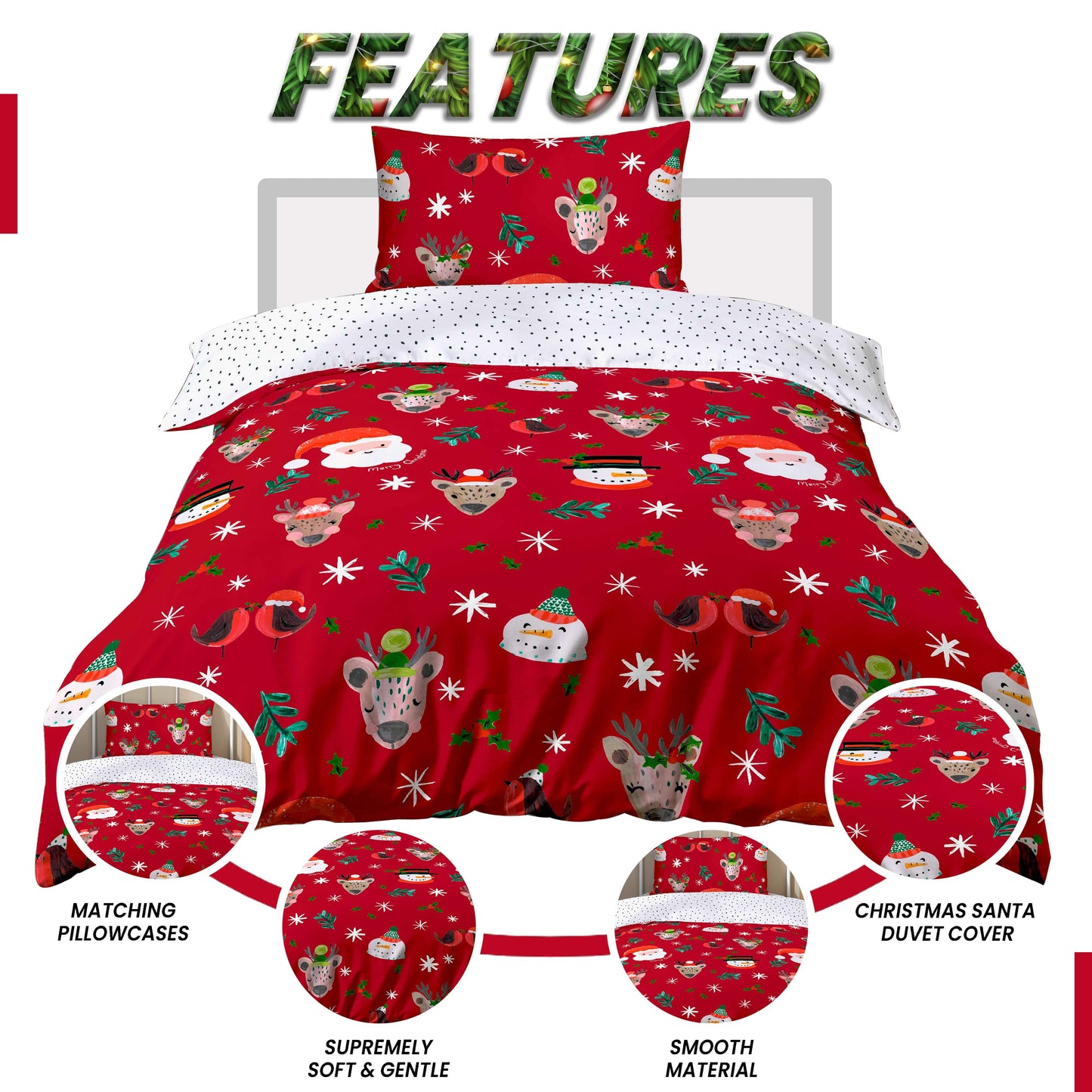 OLIVIA ROCCO Santa Duvet Cover Set With Pillowcases Reversible Xmas Snow-White Design OEKO-TEX Certified Cozy Winter Bedding