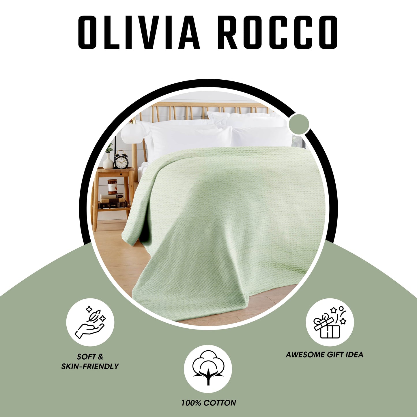 OLIVIA ROCCO Florian Checked Throw Blanket Sage Green 100 Percent Cotton Bedspread For Sofas Armchairs Settee Couch Living Room Decor