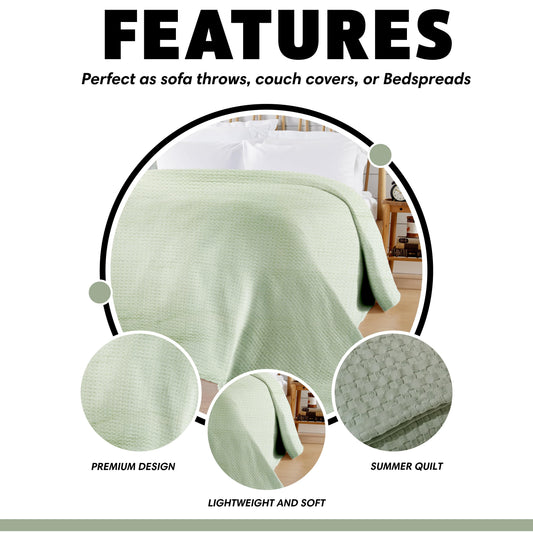 OLIVIA ROCCO Florian Checked Throw Blanket Sage Green 100 Percent Cotton Bedspread For Sofas Armchairs Settee Couch Living Room Decor