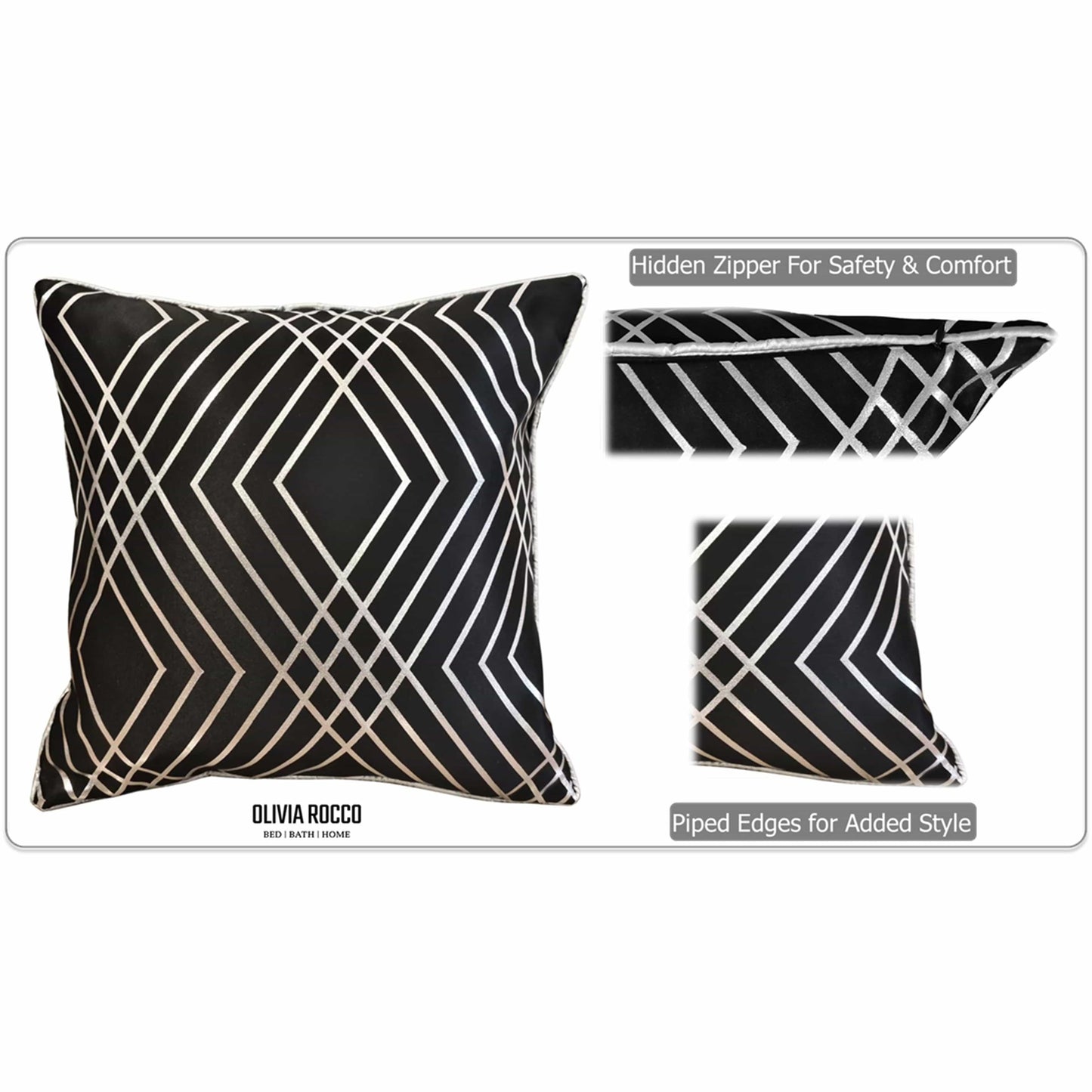 OLIVIA ROCCO Geo Sparkle Cushion Covers 2 Pack Geometric Decorative Pillow Cases Black With Metallic Foil Accent for Sofa Bed Chair Lounge