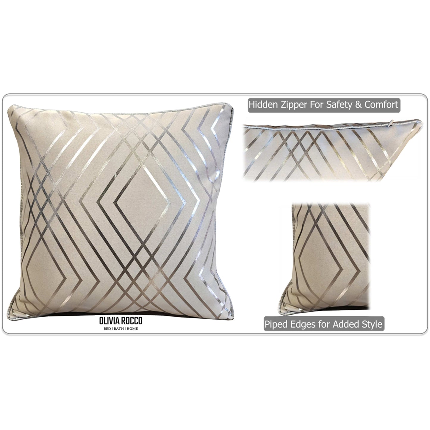 OLIVIA ROCCO Geo Sparkle Cushion Covers 2 Pack Natural For Sofa Bed Chair Lounge Geometric Design Metallic Foil Print Decorative Home Accents